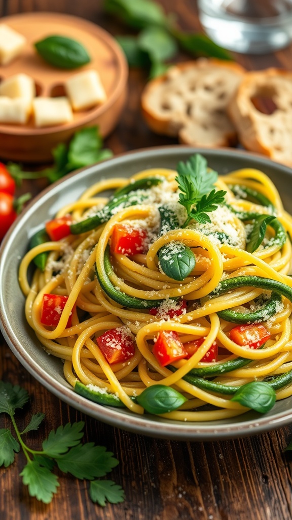 A plate of spinach pasta garnished with Parmesan cheese and parsley on a rustic table.